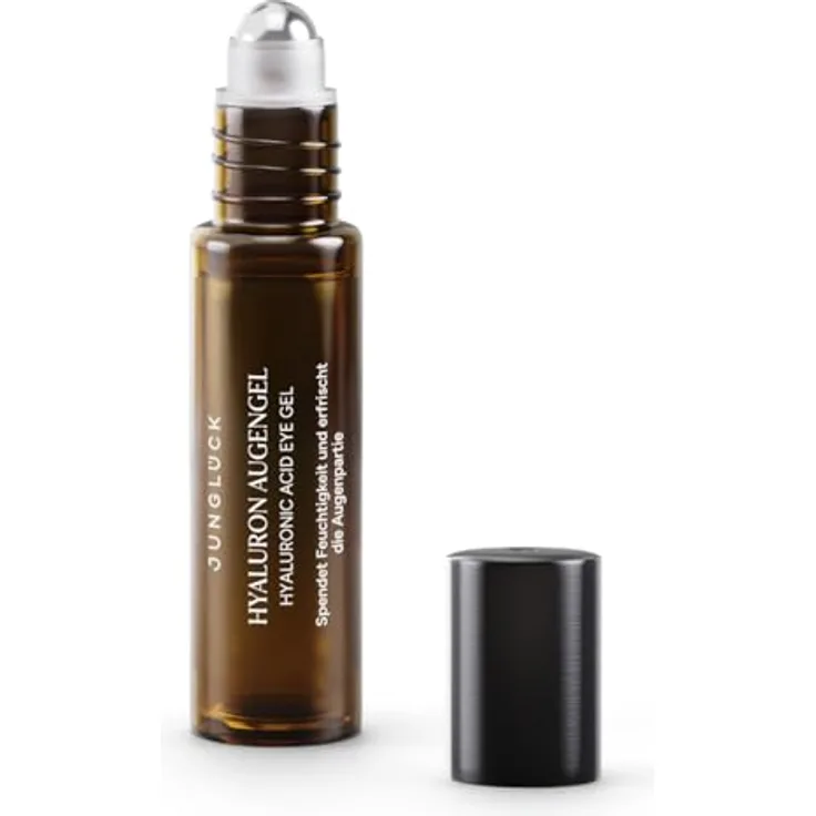 junglück Hyaluron Augengel Roll On, Vegan, Anti Aging Augenroller mit 0,5% Hyaluronsäure und BIO Aloe Vera, kühlendes Augenserum mit Koffein, abschwellend gegen Falten und Augenringe