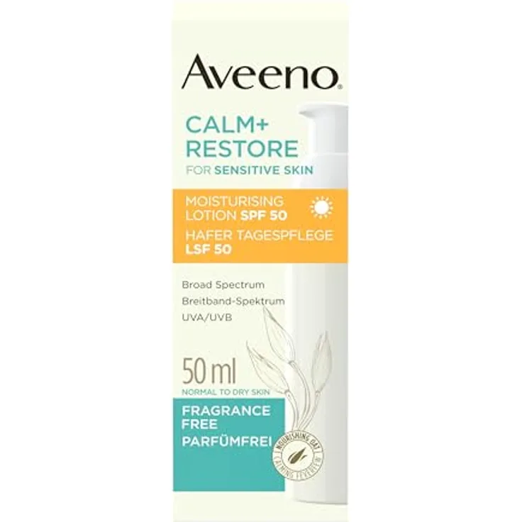 Aveeno CALM+RESTORE Hafer Tagespflege LSF 50, 50ml, Breitband-Spektrum UVA/UVB, beruhigt empfindliche Haut, langanhaltende Feuchtigkeit, parfümfrei