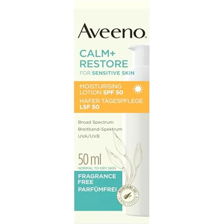 Aveeno CALM+RESTORE Hafer Tagespflege LSF 50, 50ml, Breitband-Spektrum UVA/UVB, beruhigt empfindliche Haut, langanhaltende Feuchtigkeit, parfümfrei – Bild 1