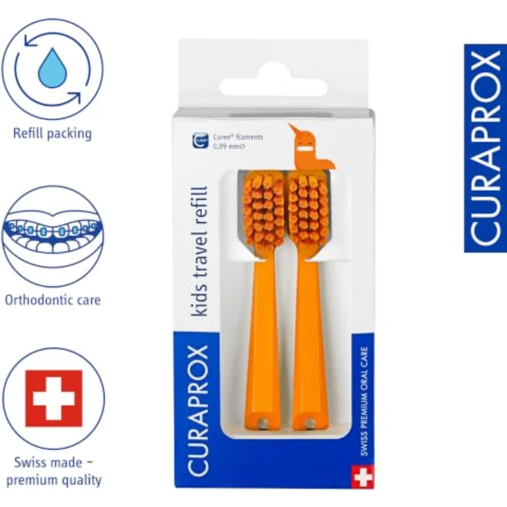 Curaprox Kids Travel Refill Ersatz-Kopf, 2er Pack, orange, sanfte Borsten für effektive Zahnreinigung – Bild 2
