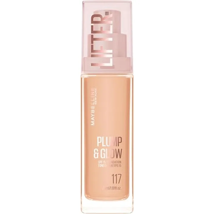 MAYBELLINE NEW YORK Lifter Plump & Glow, aufhellendes Make-up für einen natürlichen Look, Farbton 117, 30 ml, mit Hyaluronsäure und Niacinamid