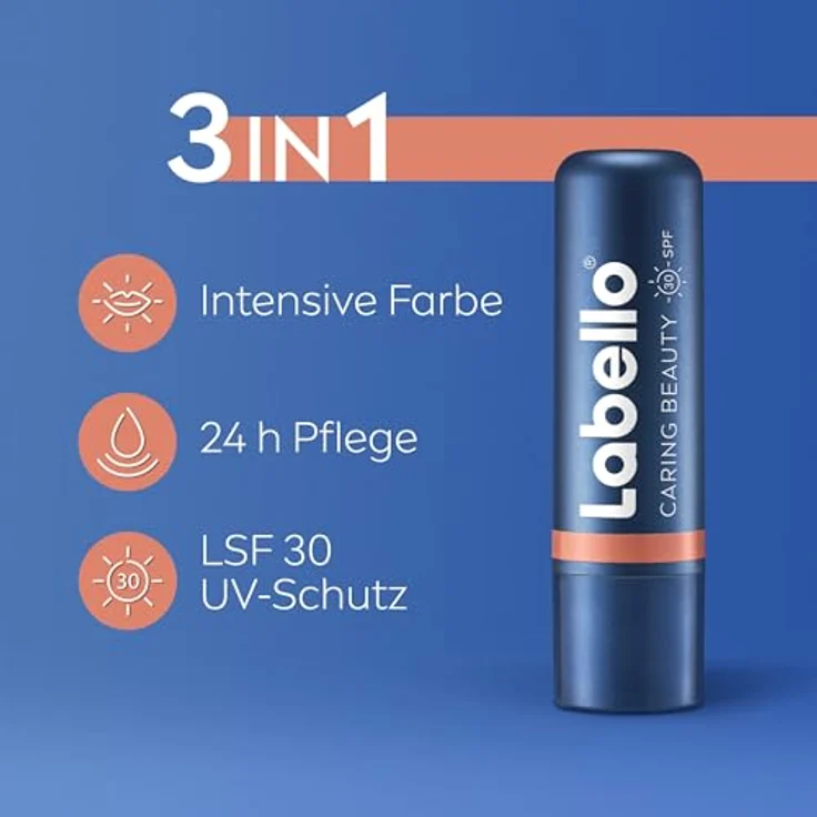 Labello Caring Beauty Nude Lippenpflegestift, farbige Lippenpflege mit LSF 30, Vitamin E, Bio-Mandelöl, 3in1 Formel für Lippen und Wangen (4,8 g) – Bild 2