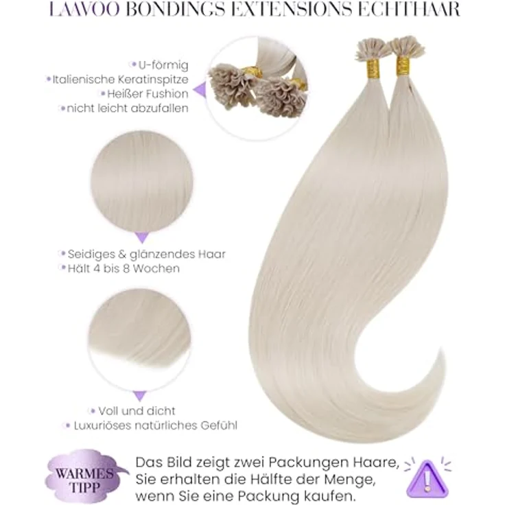 LaaVoo Bondings Extensions Hot Fusion, Echthaar Haarverlängerung, Keratin Platinblond, 45cm, 50g, 50S #60 – Bild 2
