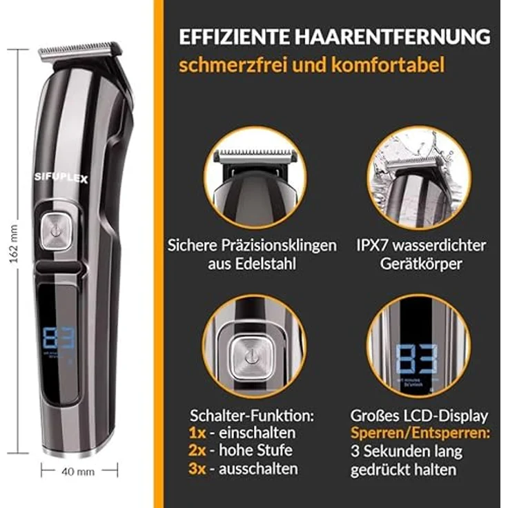 Sifuplex PrimeCut Pro Barttrimmer, Multifunktionstrimmer mit 5 Aufsätzen, Präzisions-Trimmer für Bart & Haare, 180 Minuten Akku, Edelstahl-Präzisionsklingen – Bild 2