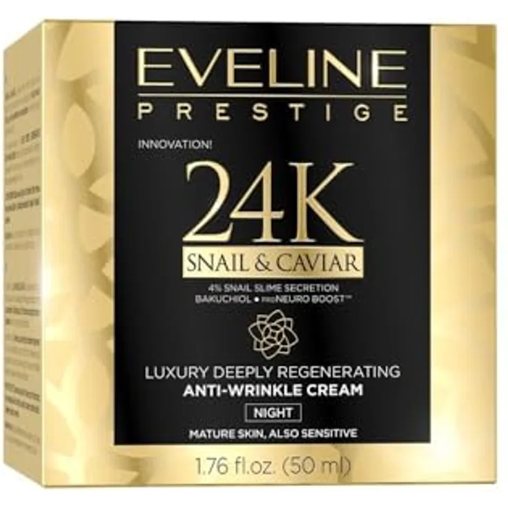 Eveline Cosmetics 24K Snail & Caviar Nachtcreme, regenerierende Gesichtscreme mit Schneckenextrakt gegen Falten, 50 ml