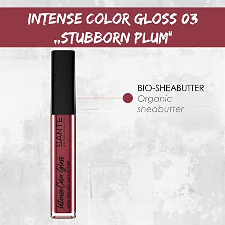 Sante Naturkosmetik Natürlicher Lipgloss mit glänzendem Finish, Mit Sheabutter für gepflegte Lippen, Intense Color Gloss, Nr. 03 Stubborn Plum, 1 x 5,3 ml – Bild 4