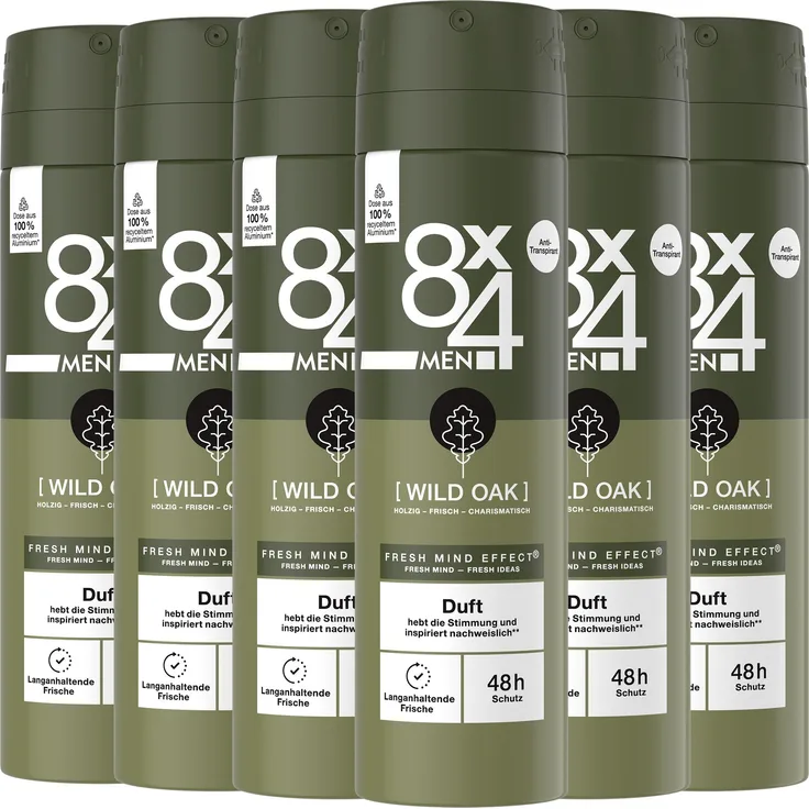 Beiersdorf 8x4 Deo Spray Wild Oak, maskulin-holziger Duft mit 48h Anti-Transpirant-Schutz, 6 x 150 ml
