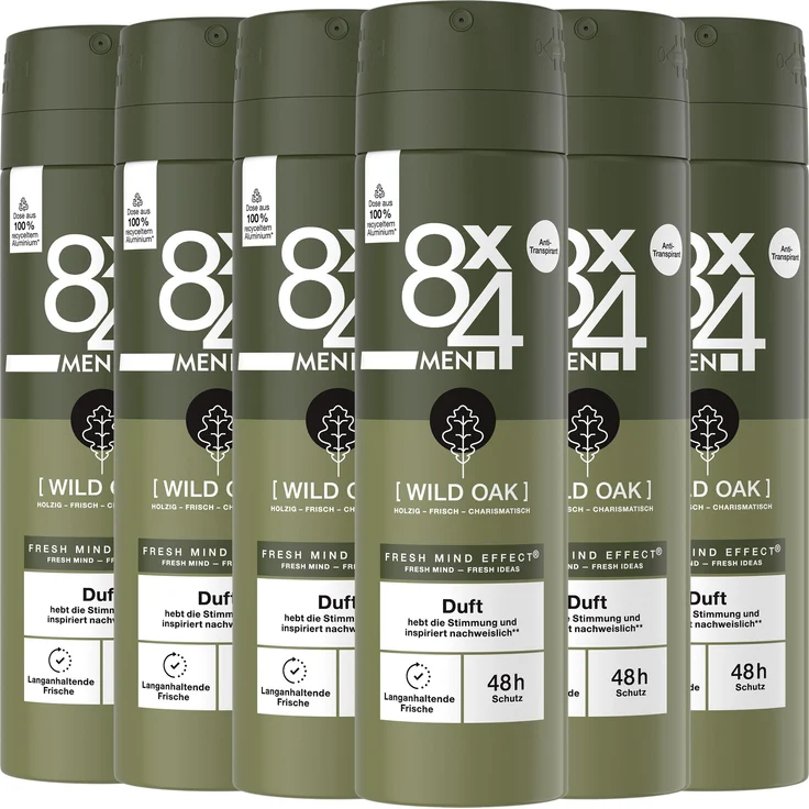 Beiersdorf 8x4 Deo Spray Wild Oak, maskulin-holziger Duft mit 48h Anti-Transpirant-Schutz, 6 x 150 ml