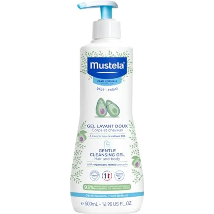 Mustela Bébé Bain Reinigungsgel für Haare und Körper, sanfte Pflege für empfindliche Kinderhaut, 500 ml