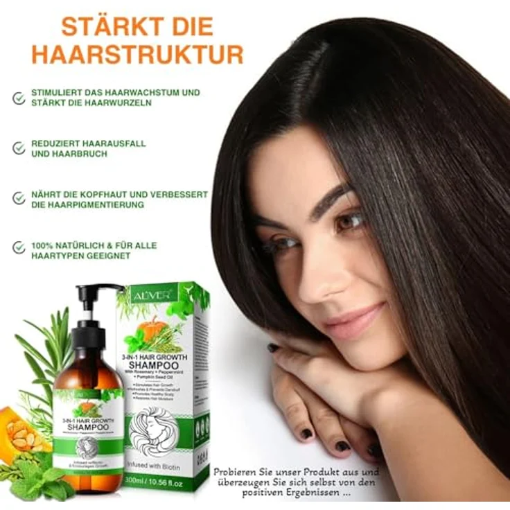 P-Beauty 3-in-1 Haarwachstum Shampoo mit Rosmarin, Minze & Kürbiskernöl, 300ml, Biotin angereichert, für geschädigtes Haar, intensive Feuchtigkeit & Schutz vor Haarbruch – Bild 4