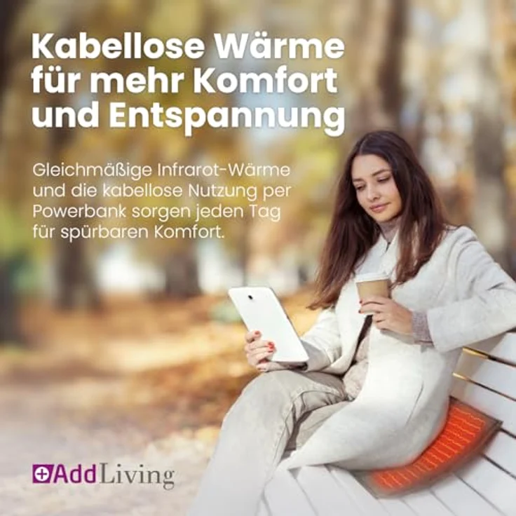 Addliving Sitz-Heizkissen, kabellos mit 5000 mAh Powerbank, USB-C, Infrarot-Wärme, 3 Temperaturstufen (45°C, 60°C, 70°C), 43 x 31 cm – Bild 2