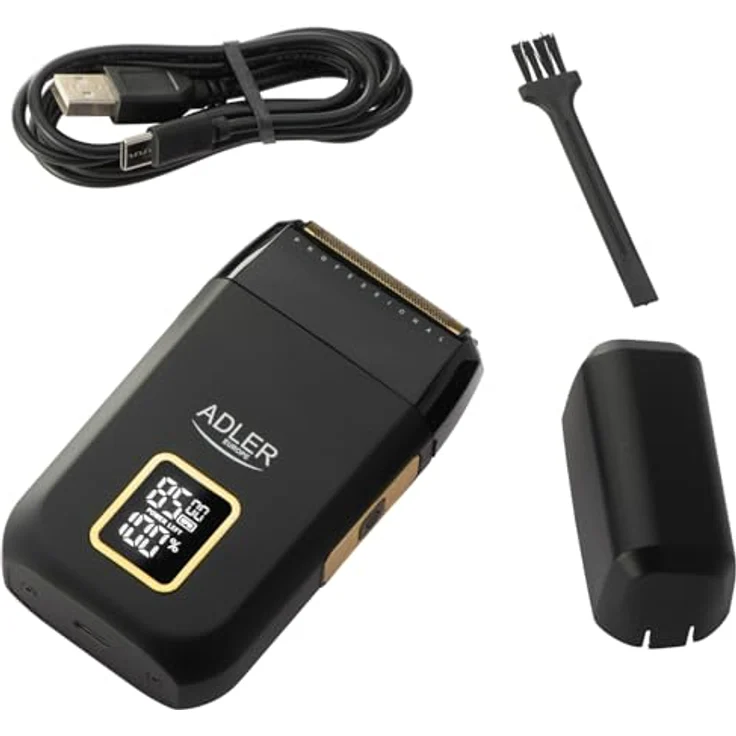 ADLER EUROPE Elektrorasierer AD 2947, Profi-Folienrasierer mit 3 Stufen, LCD-Display, USB-C, Dual-Doppelkopf, Gold/Schwarz, inkl. Reinigungsbürste und Klingenschutz – Bild 7