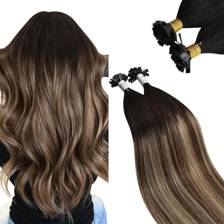 Ugeat Flat Tip Extensions, Keratin Bonding Echthaar Schwarz Ombre Braun, 50 Strähnen, 50g, 50cm – Bild 1