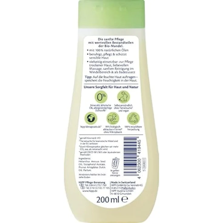 HiPP Babysanft Pflegeöl sensitiv, 200ml, 100% natürliche Öle aus Mandel- & Sonnenblumen, für Babys und sensible Haut – Bild 2