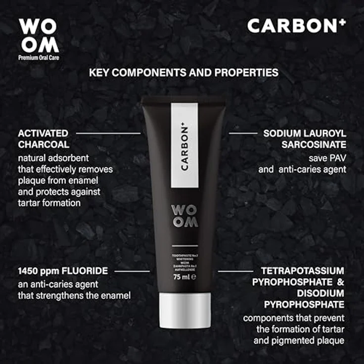 Woom Carbon+ Premium Toothpaste Whitening Zahnaufhellung Schwarze Aktivkohle Zahnpasta Aktivkohle Paste für Weiße Zähne Zahncreme mit Fluorid 75ml – Bild 4