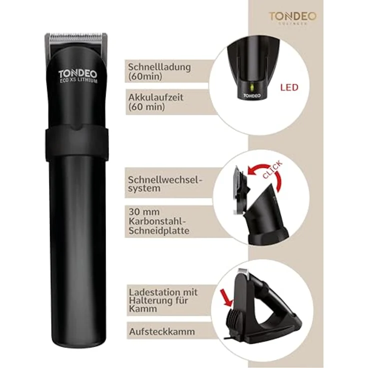 TONDEO Haarschneidemaschine XS LITHIUM BLACK | Barttrimmer Herren inklusive Ladestation und Aufsteckkamm für 5 verschiedene Schnittlängen | Haarschneider für Bart und Konturen – Bild 3