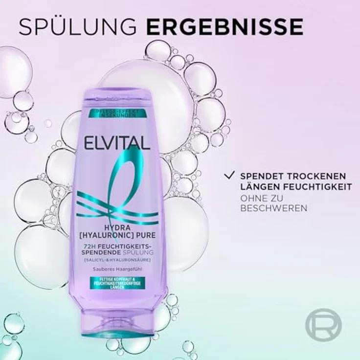 L'Oréal Paris Elvital Hydra Hyaluronic Pure, Feuchtigkeitsspendende Spülung mit Salicylsäure und Hyaluronsäure für fettige Kopfhaut und trockene Längen, 6 x 250 ml – Bild 5