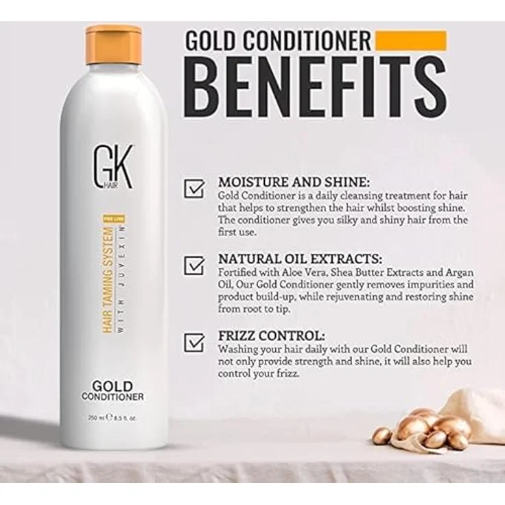GK HAIR Global Keratin Gold Konditionierer (250ml) | Feuchtigkeitsspendende Haarspülung mit Arganöl, Sheabutter, natürlichen Ölen | Alle Haartypen – Bild 2