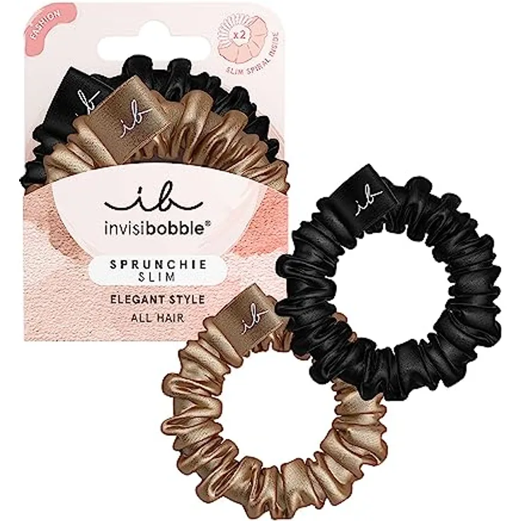 invisibobble Sprunchie Slim Schwarz Gold I 2x Stoff Haargummis gold schwarz für Mädchen & Damen I kein verknoten, starker Halt, haarschonend I Scrunchie Haargummi designed im Herzen Münchens