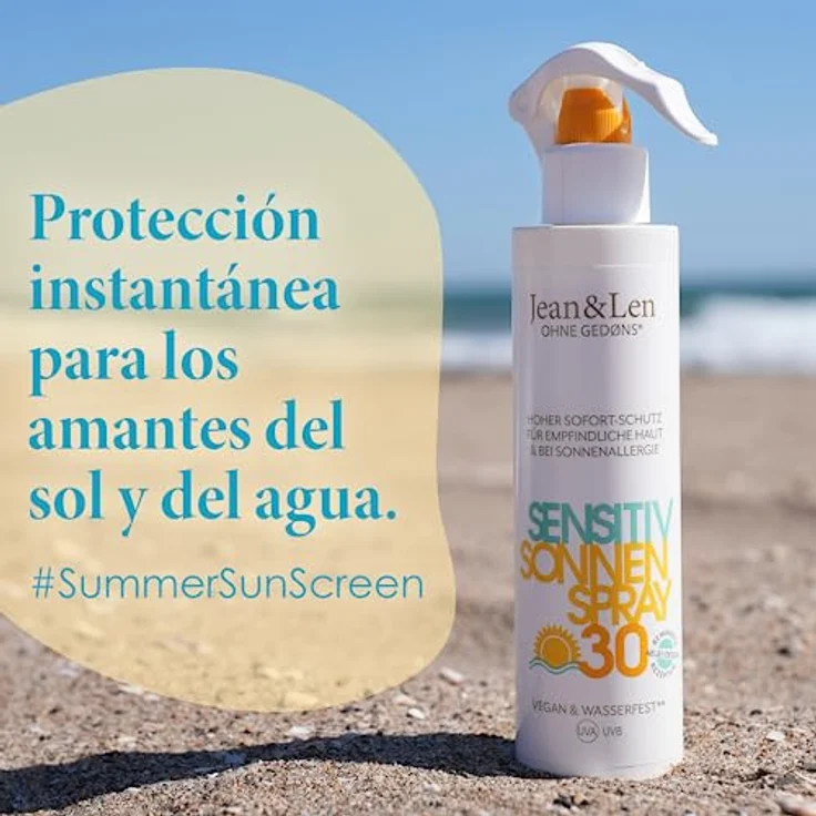Jean & Len Sensitiv Sonnenspray 30 LSF wasserfest, für empfindliche & zu Sonnenallergie neigende Haut, ohne Silikone, Nanopartikel, Octocrylen, Mikroplastik, Mineralöl, vegan, Sprühflasche 250 ml – Bild 4