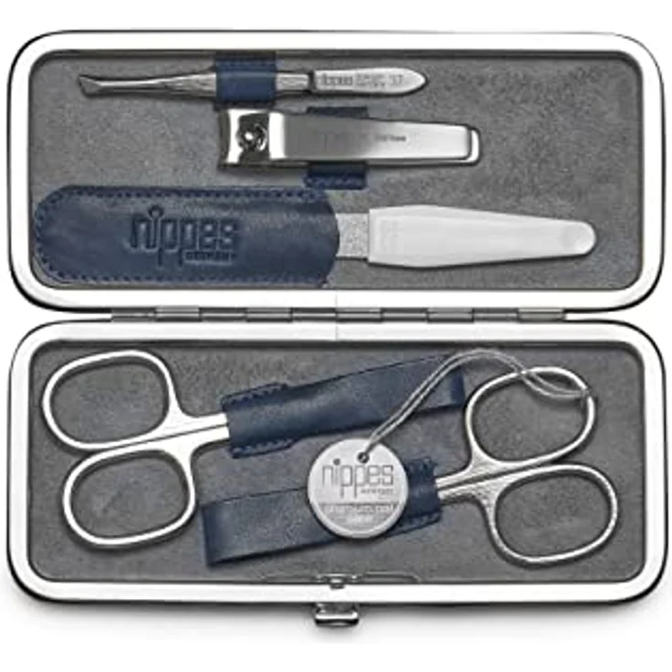 nippes Solingen Maniküre Set Vintage, 5-teilig, Antik Rindsleder Nagelset mit Rahmen, weiches Wildleder innen, Made in Germany, Nagelpflege Set mit vernickelten Instrumenten – Bild 1