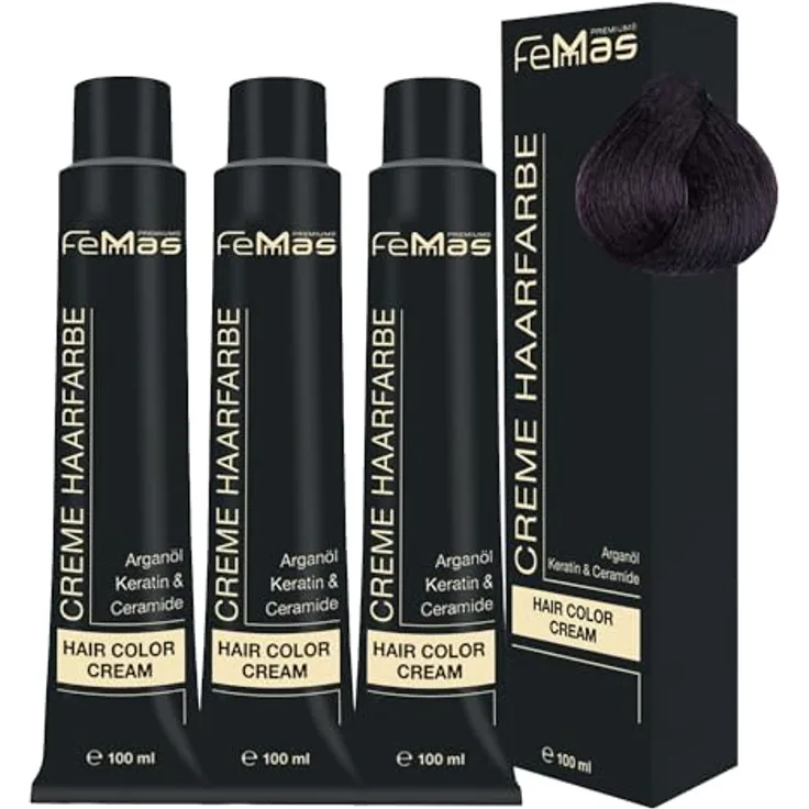 FemMas Haarfarbe 3x Tief Violett 2.2, Creme Haarfarbe mit Arganöl, Keratin & Ceramiden, als dauerhafte Färbung oder Tönung, 100 ml