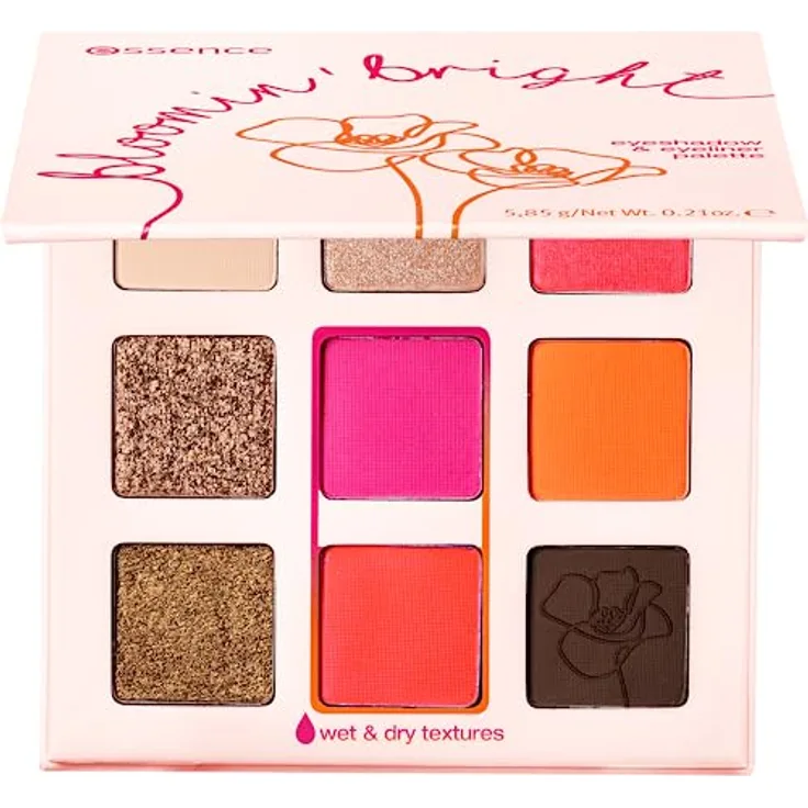 essence bloomin' bright eyeshadow & eyeliner palette, Lidschatten, Nr. 01, Mehrfarbig, 9 Farben, glänzend, intensiv, vegan, ohne Mikroplastikpartikel, Nanopartikel frei, ohne Parfüm, 1er Pack (5.85g)