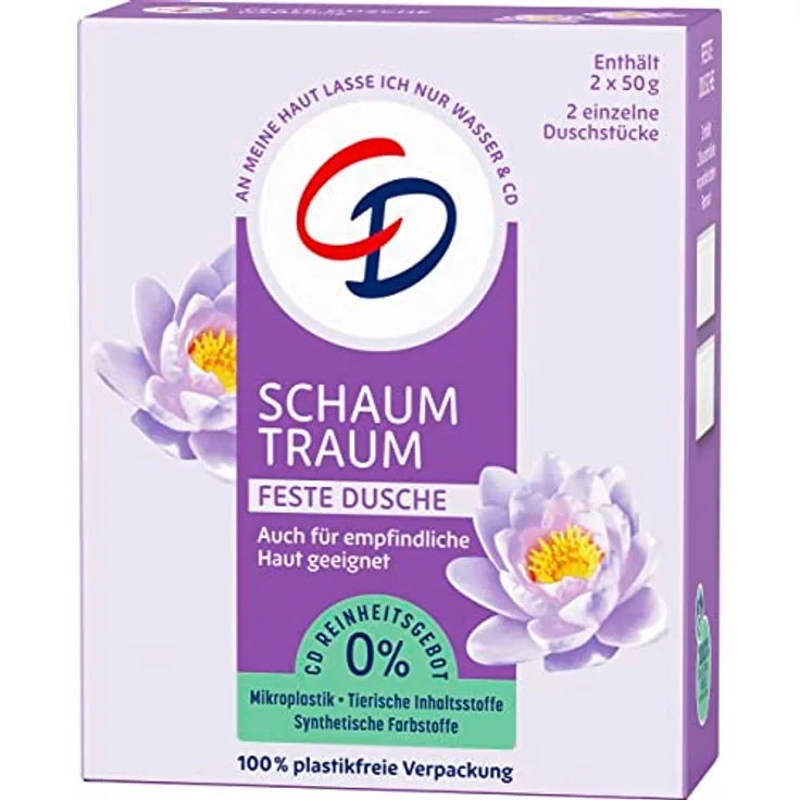 CD Feste Dusche 'Schaumtraum', 2 x 50 g, Duft nach Wasserlilie, mit Kokosöl, nachhaltiges Pflegeprodukt auch für empfindliche Haut, ohne Mikroplastik, vegan