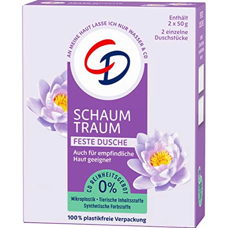 CD Feste Dusche 'Schaumtraum', 2 x 50 g, Duft nach Wasserlilie, mit Kokosöl, nachhaltiges Pflegeprodukt auch für empfindliche Haut, ohne Mikroplastik, vegan – Bild 1