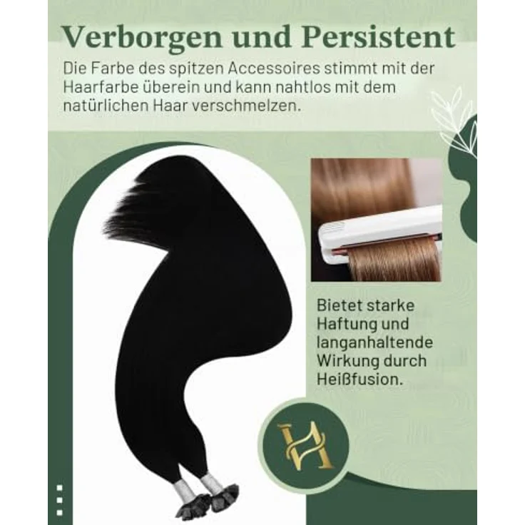 Ugeat Flat Tip Extensions, Echthaar Bonding Schwarz, Remy Haarverlängerung 45 cm, 50g, 50 Strähnen – Bild 4