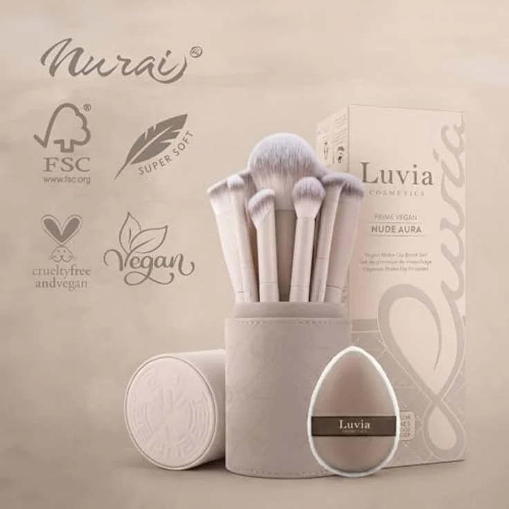 Luvia Nude Aura Brush Set, 10-teiliges Pinselset mit 8 Pinseln, Make-up-Schwamm und veganem Leder-Köcher, ultraweiche Nurai®-Fasern, vegan und tierversuchsfrei – Bild 9