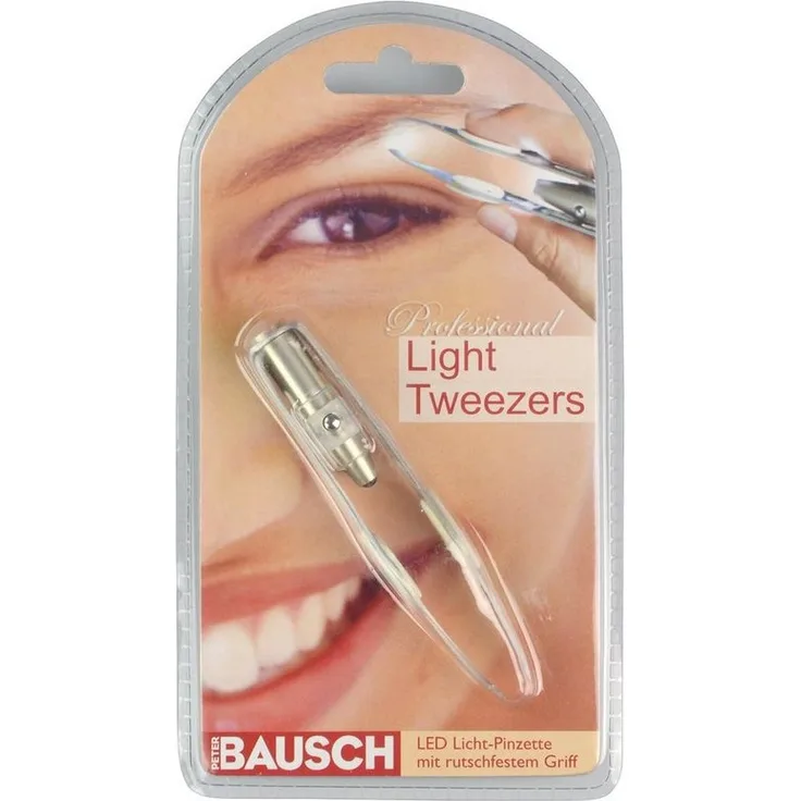 PETER BAUSCH LED Augenbrauenpinzette mit rutschfestem Griff, PZ52B, 9.5 x 1.5 x 1.5 cm, inkl. Schutzkappen und 3 AG3 Batterien