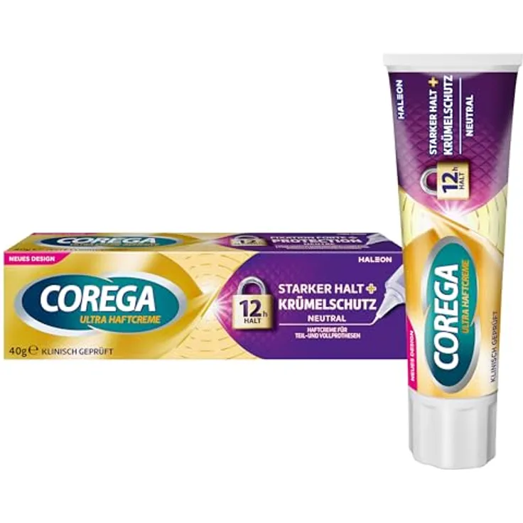COREGA Ultra Haftcreme, starker Halt und Krümelschutz für Teil- und Vollprothesen, geschmacksneutral, 40g