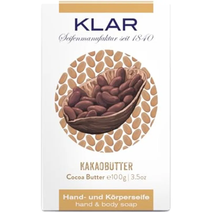 Klar Seifen Kakaobutterseife 100g, Cosmos zertifiziert, palmölfrei, geeignet für trockene Haut, mit wärmender Wirkung