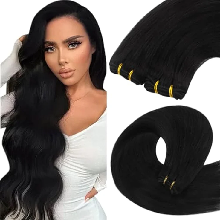 YoungSee Echthaar Tressen, Schwarz, 55 cm Weft Extensions, 100g, verwicklungsresistent und leicht anzupassen – Bild 1