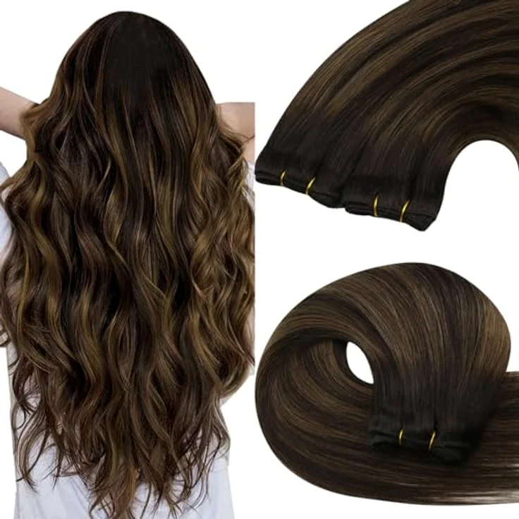 YoungSee Echthaar Tressen 35cm, Braun Ombre, 70g Weave Extensions, Remy Glatt für Damen, verwicklungsresistent, eingenähte Befestigung – Bild 1