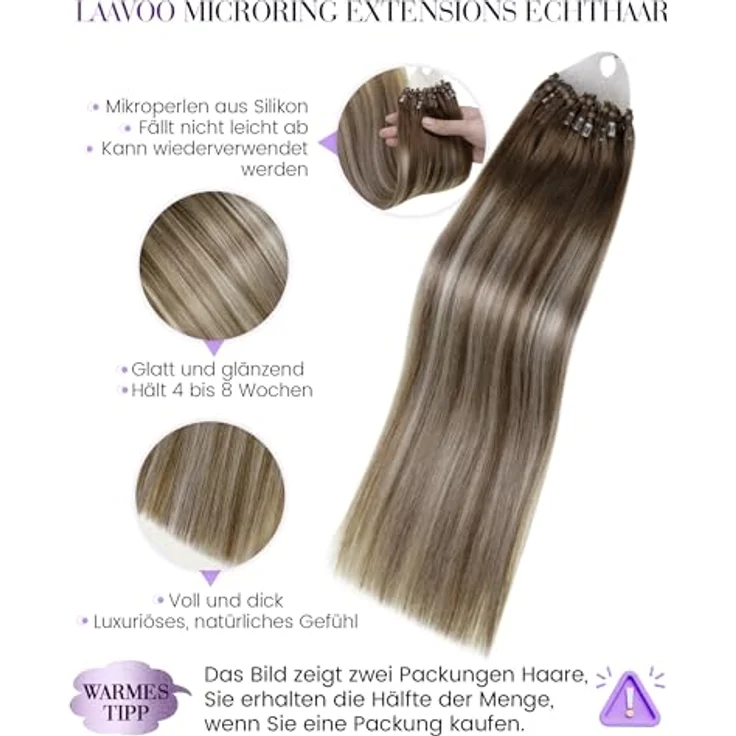 LaaVoo Microring Extensions Echthaar, Balayage Ombre Hellbraun bis Platinblond, 55cm 50g #8/60/8, wiederverwendbar und hitzestyling geeignet – Bild 2