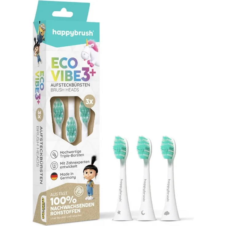happybrush HAV3DEA ECO VIBE KIDS Aufsteckbürsten, 3er Set in Rosa mit Triple-Borsten, vegan und aus 100% nachwachsenden Rohstoffen