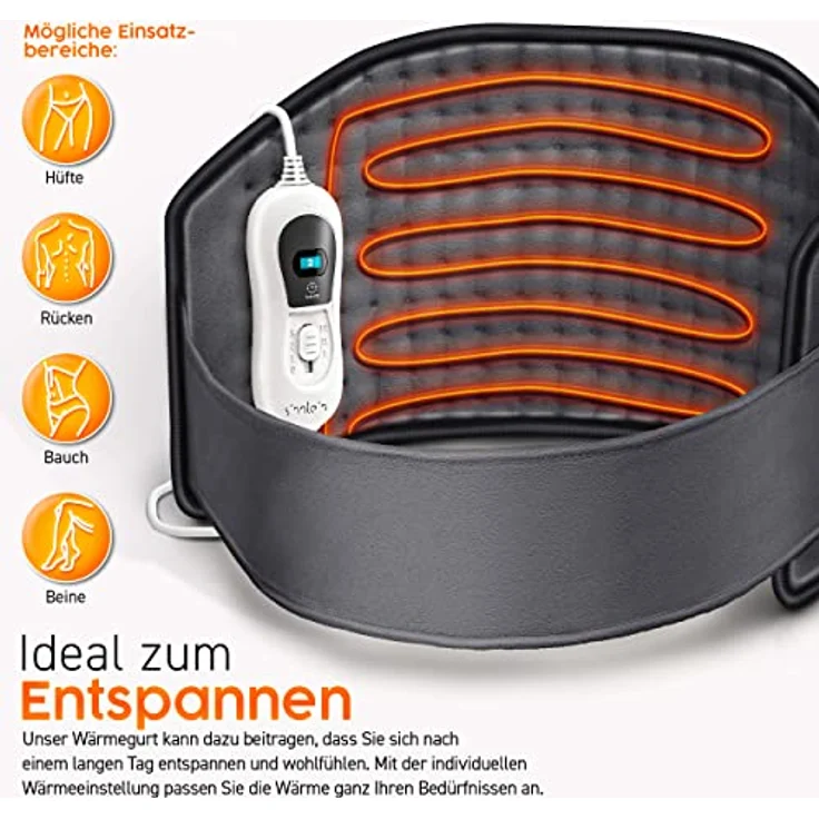 sinnlein Heizkissen elektrisch Anthrazit für Bauch und Rücken Heizgürtel mit 3 Temperaturstufen & Abschaltautomatik Wärmegürtel mit verstellbarem Band und Klettverschluss – Bild 3