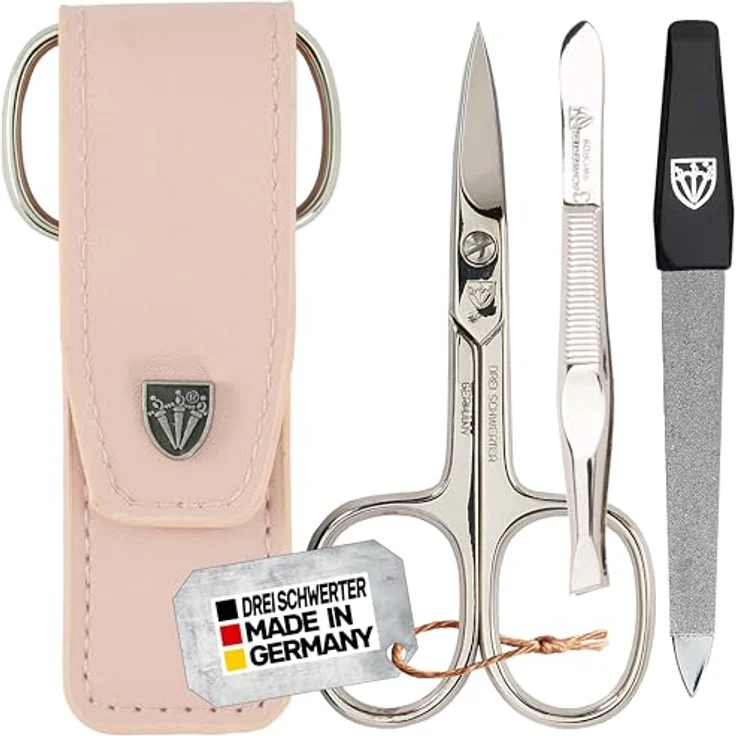 DREI SCHWERTER Nagelpflegeset 'Venezia', 3-teiliges Maniküre- und Pediküre-Set in rosa Kunstlederetui, Made in Germany, inkl. Nagelschere, Pinzette, Saphirnagelfeile – Bild 1