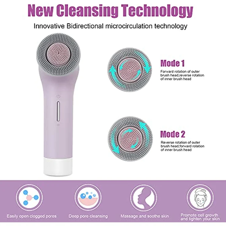 MYCARBON Elektrische Gesichtsreinigungsbürste, IPX7 wasserdicht, wiederaufladbar mit 2500mAh Akku, 2x360° Bürstenkopf für alle Hauttypen, Violett – Bild 2
