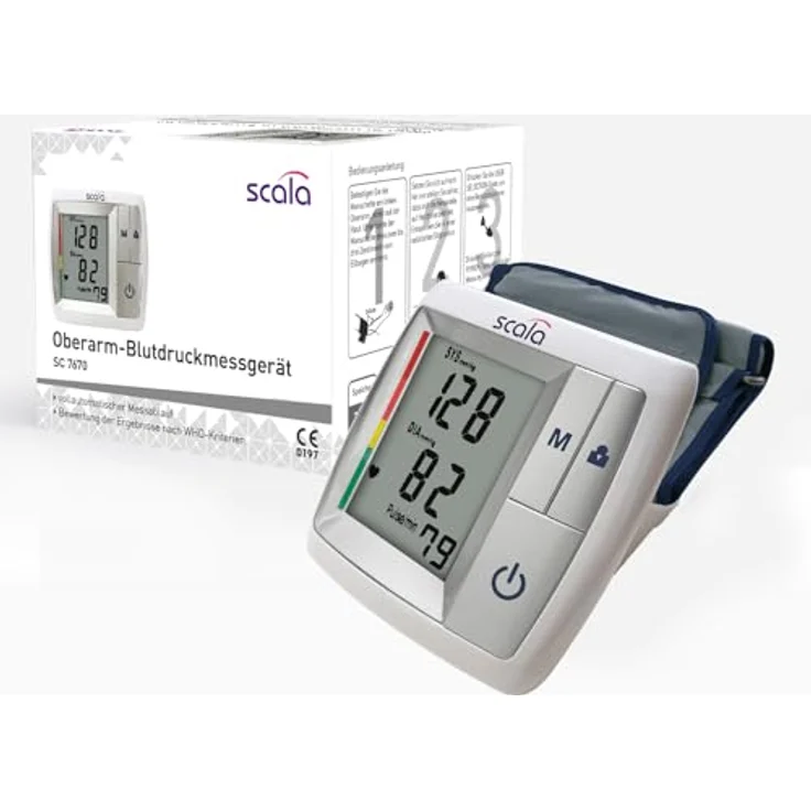 scala SC 7670 Oberarm Blutdruckmessgerät, XXL Display, große Taste, WHO-Indikator, 2 Nutzer x 50 Speicherplätze, aufrechte Anzeige, silber – Bild 4