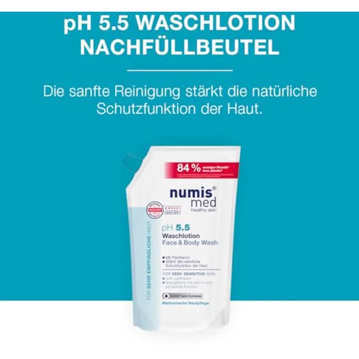 numis med Waschlotion ph 5.5 Nachfüllbeutel - 2x Hautberuhigende Körperlotion für sehr empfindliche & sensible Haut - vegane Hautpflege ohne Silikone, Parabene & Mineralöl - Lotion (2x 500 ml) – Bild 3