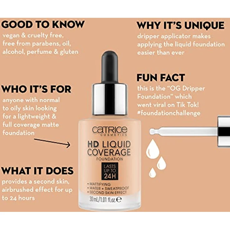 Catrice HD Liquid Coverage Foundation, Nr. 034, Nude, langanhaltend, mattierend, matt, für unreine Haut, vegan, ölfrei, wasserfest, ohne Alkohol, 1er Pack (30ml) – Bild 3