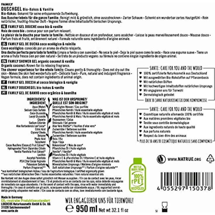 SANTE Naturkosmetik Pflegendes Duschgel mit exotischem Duft, Duschpflege für geschmeidige Haut in Familiengröße, Mit Bio-Kokosnuss und Bio-Aloe Vera, Family Duschgel , 1 x 950 ml – Bild 2