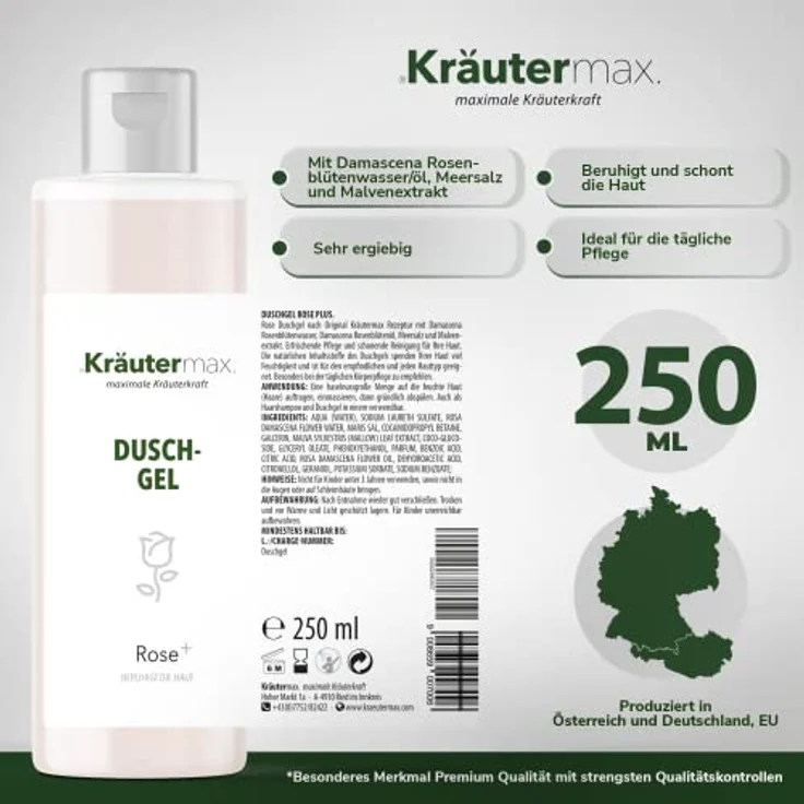 Kräutermax. Rose Duschgel mit Damascena Rosenöl auch als Shampoo mit Rosenduft, 250 ml – Bild 4