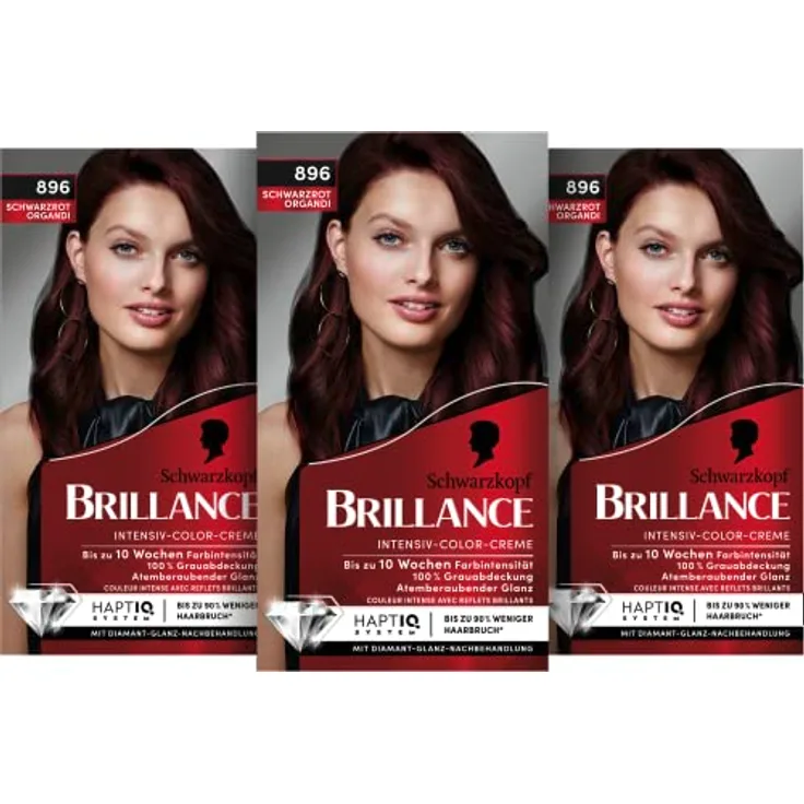Brillance Intensiv-Color-Creme 896 Schwarzrot Organdi Stufe 3 (3 x 160 ml), dauerhafte Haarfarbe mit Diamant-Glanz-Effekt & Pflege-Conditioner, 10 Wochen Farbintensität
