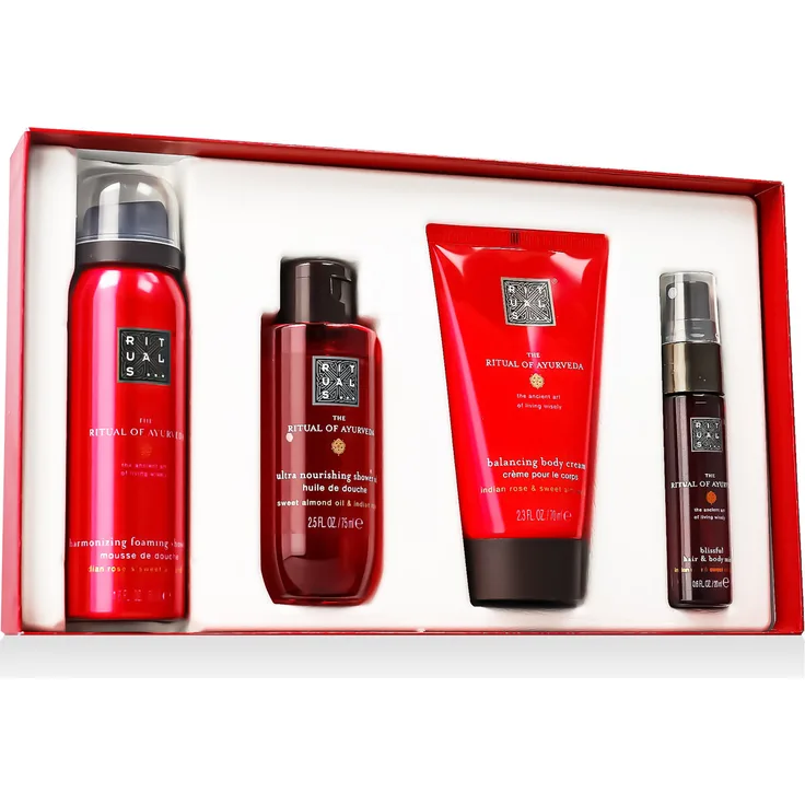 Rituals The Ritual of Ayurveda Set, Geschenkeset mit Duschschaum, Duschöl, Haar- & Körperspray und Körpercreme, harmonisierender Duft von Indischer Rose und Süßmandelöl, 215 ml