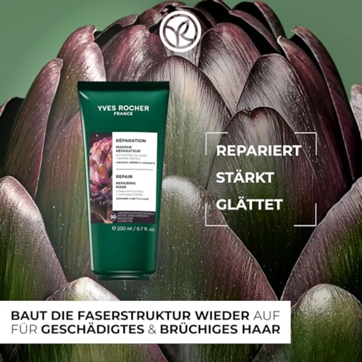 Yves Rocher Reparierende Maske, für geschädigtes und brüchiges Haar, tiefenreparierend in 3 Minuten, mit Cynara und pflanzlichem Keratin, ohne Silikone, 200 ml – Bild 2