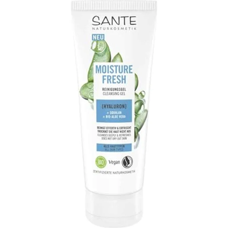 SANTE Naturkosmetik Moisture Fresh Reinigungsgel, erfrischende Gesichtsreinigung mit Bio-Aloe Vera, Hyaluron & Squalan, hydratisiert die Haut, 100ml